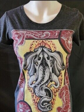 Graphic Elephant Print Tee in Charcoal with Red and Yellow Accents